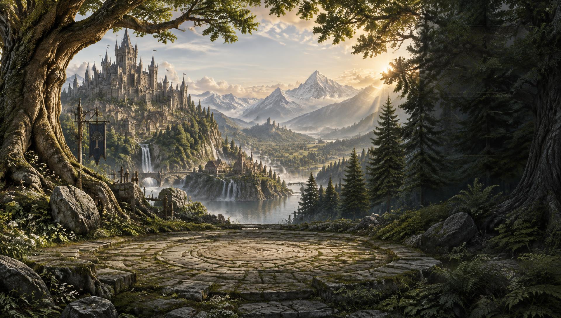 Ancient forest overlooking castles and mountains